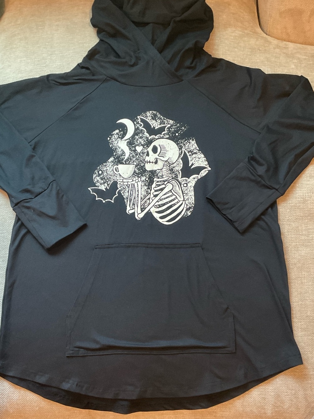 Women’s Black Hoodie with White Skeleton Heart, Coffee Cup and Bats Graphic